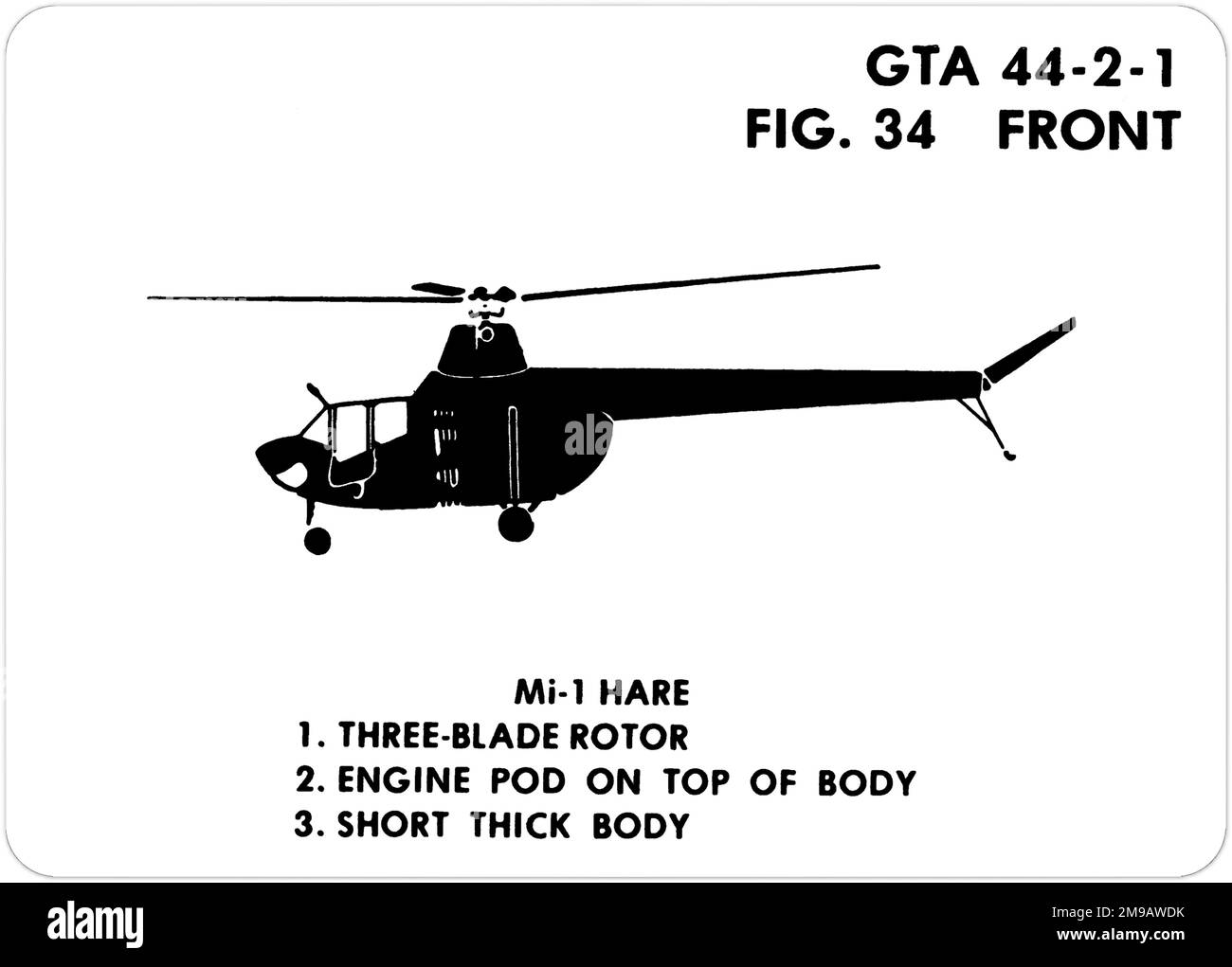 Mil Mi-1 (NATO codename: Hare). This is one of the series of Graphics Training Aids (GTA) used by the United States Army to train their personnel to recognize friendly and hostile aircraft. This particular set, GTA 44-2-1, was issued in July1977. The set features aircraft from: Canada, Italy, United Kingdom, United States, and the USSR. Stock Photo