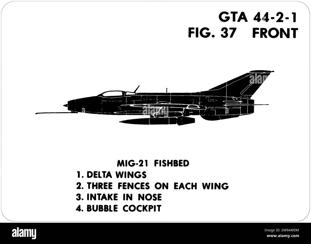Mikoyan-Guryevich MiG-21F (NATO codename: Fishbed). This is one of the series of Graphics Training Aids (GTA) used by the United States Army to train their personnel to recognize friendly and hostile aircraft. This particular set, GTA 44-2-1, was issued in July1977. The set features aircraft from: Canada, Italy, United Kingdom, United States, and the USSR. Stock Photo