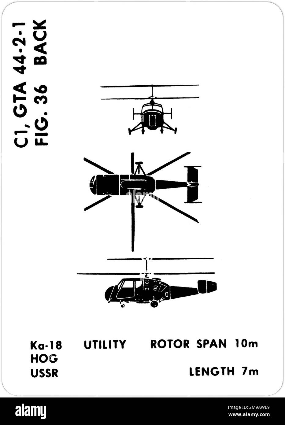 Kamov Ka-18 (NATO codename: Hog). This is one of the series of Graphics Training Aids (GTA) used by the United States Army to train their personnel to recognize friendly and hostile aircraft. This particular set, GTA 44-2-1, was issued in July1977. The set features aircraft from: Canada, Italy, United Kingdom, United States, and the USSR. Stock Photo