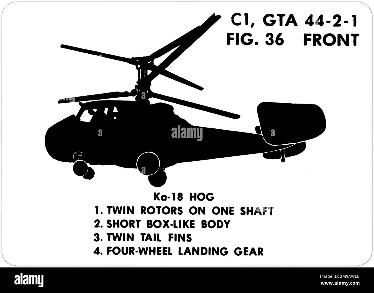 Kamov Ka-18 (NATO codename: Hog). This is one of the series of Graphics Training Aids (GTA) used by the United States Army to train their personnel to recognize friendly and hostile aircraft. This particular set, GTA 44-2-1, was issued in July1977. The set features aircraft from: Canada, Italy, United Kingdom, United States, and the USSR. Stock Photo