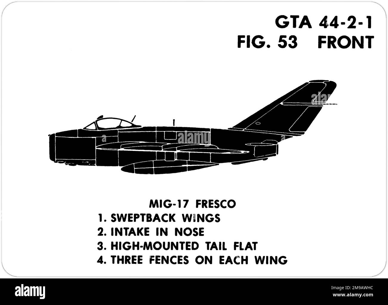 Mikoyan-Guryevich MiG-17F (NATO codename: Fresco C). This is one of the series of Graphics Training Aids (GTA) used by the United States Army to train their personnel to recognize friendly and hostile aircraft. This particular set, GTA 44-2-1, was issued in July1977. The set features aircraft from: Canada, Italy, United Kingdom, United States, and the USSR. Stock Photo
