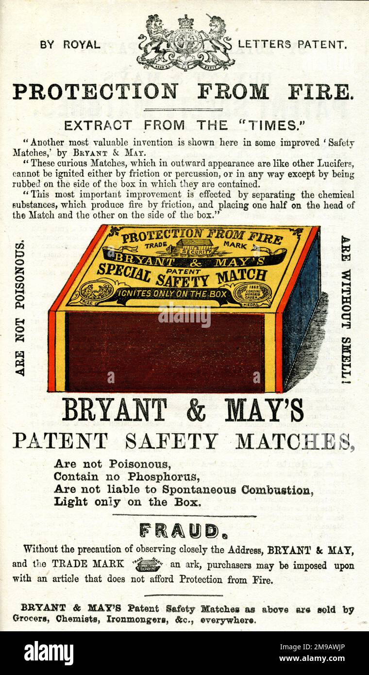 Advert, Bryant & May's Patent Safety Matches. Stock Photo