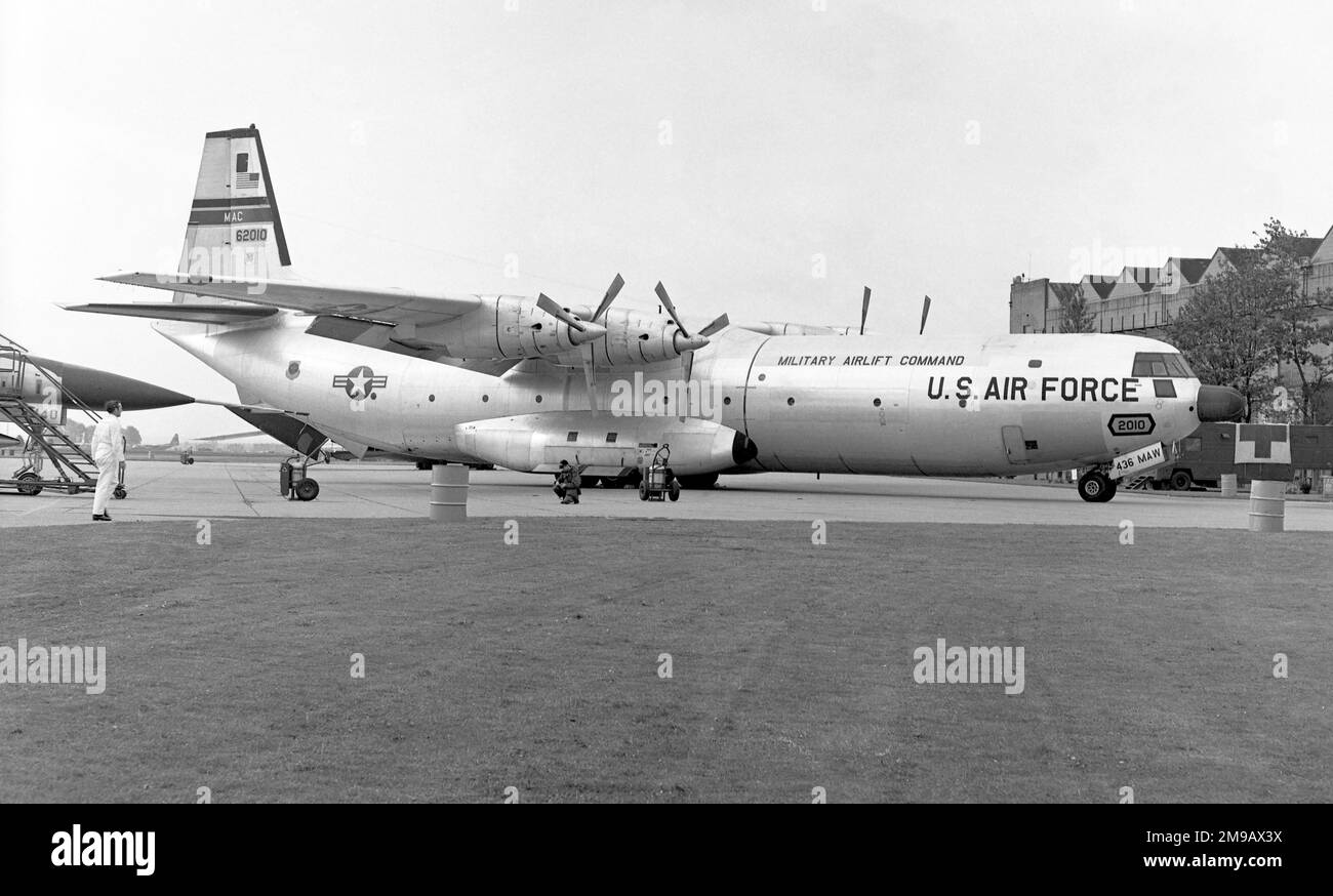 United States Air Force - Douglas C-133A-25-DL Cargomaster 56-2010 (msn 45247), of the 436th Military Airlift Wing, at RAF Mildenhall in May 1969. Stock Photo