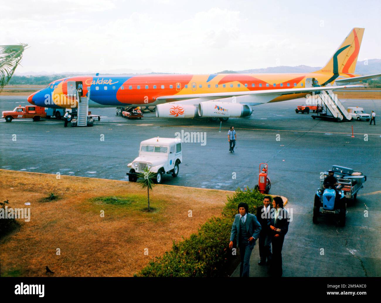 Douglas DC-8-62 N1805 'Flying Colours' (msn 45899, line number 304), of Braniff International Airways, with the Alexander Calder 'Flying Colours' livery, at Tocumen International Airport in Panama. Stock Photo