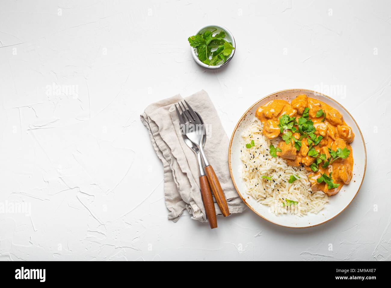 Traditional Indian dish chicken curry with basmati rice and fresh cilantro on rustic white plate on white concrete table background from above. Indian Stock Photo
