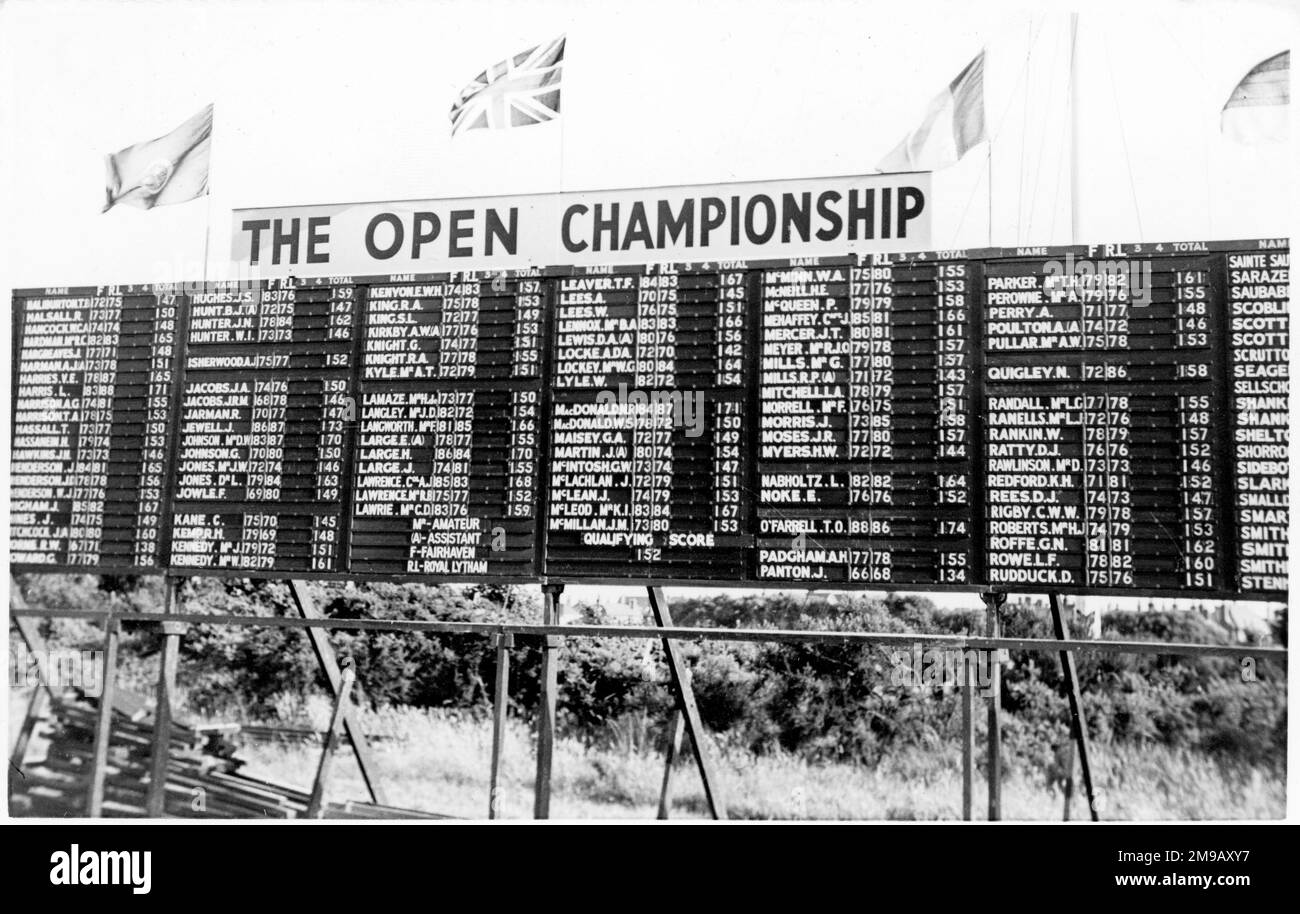 The Open Championship leader board at Royal Lytham St. Annes in 1952. Stock Photo