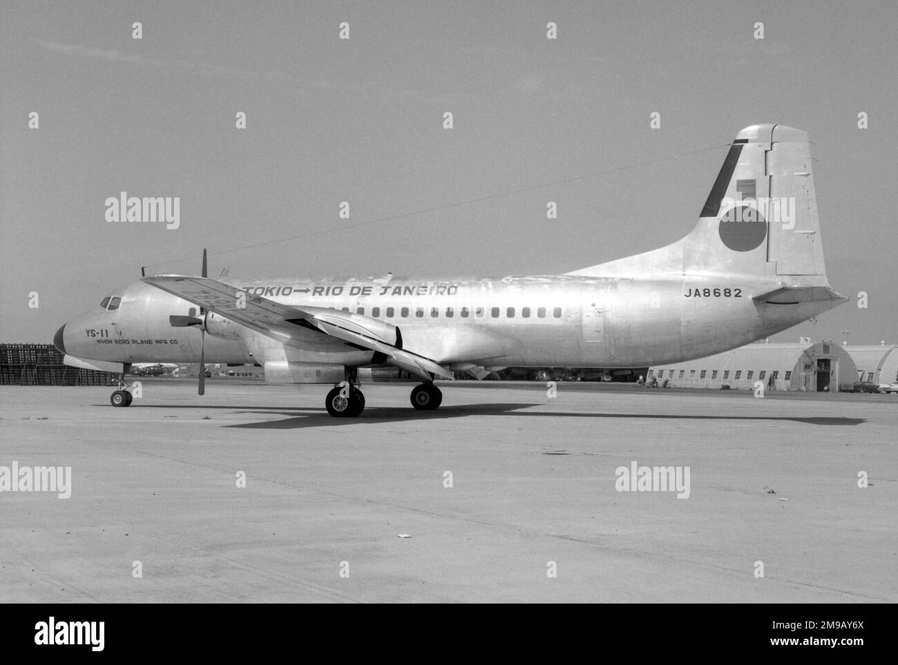 NAMC YS-11-125 JA8682 (msn 2043), at San Francisco during a demonstration tour in September 1967. (NAMC - Nihon Aeroplane Manufacturing Company) On 11 December 1969, whilst flying for Korean Air as HL5208, this aircraft was hijacked and forced to fly to North Korea, where it was damaged beyond repair on landing at Pyongyang Airport. Stock Photo