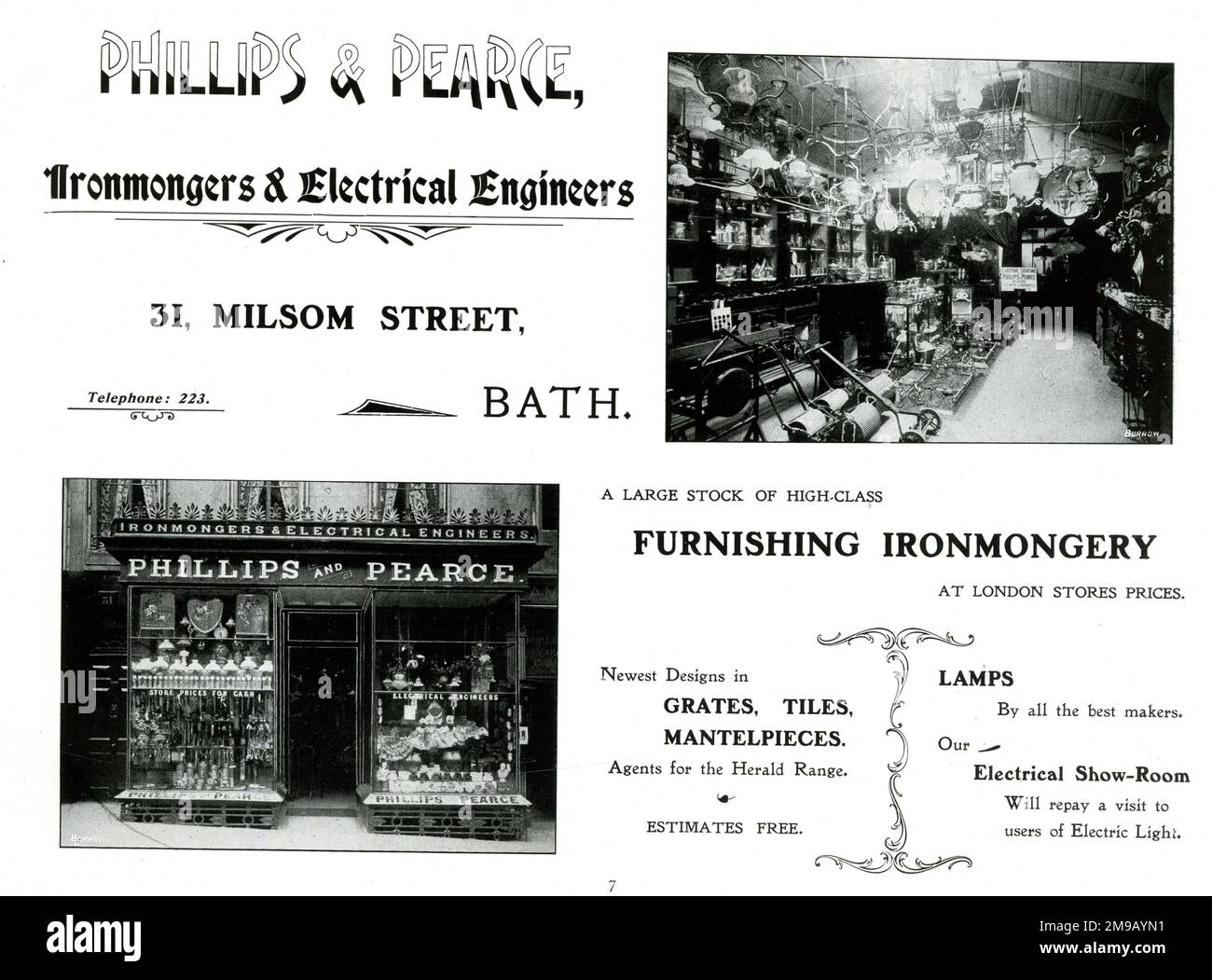 Advert for Phillips & Pearce, Ironmongers and Electrical Engineers, Milsom Street, Bath Stock Photo