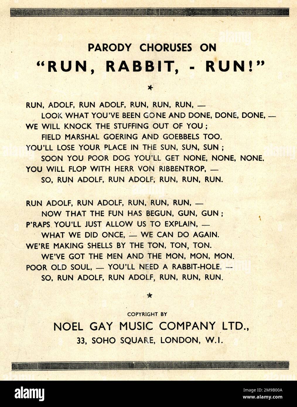 Sheet music Run, Adolf, Run, parody choruses on Run, Rabbit, Run, WW2