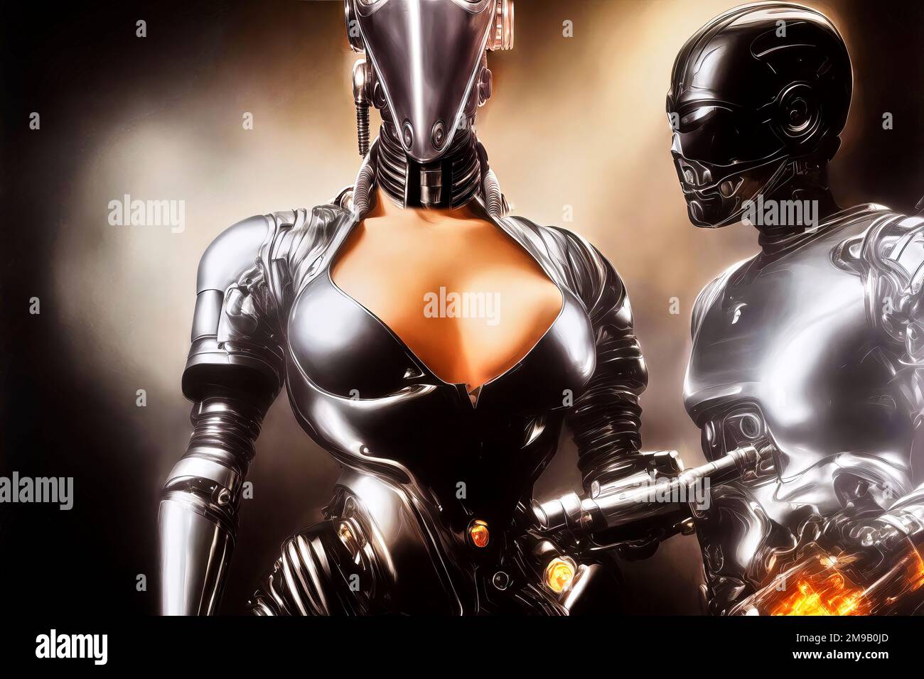 Futuristic andoids and cyborgs with steel armor over human skin and cloaked faces stand together, made with generative AI Stock Photo