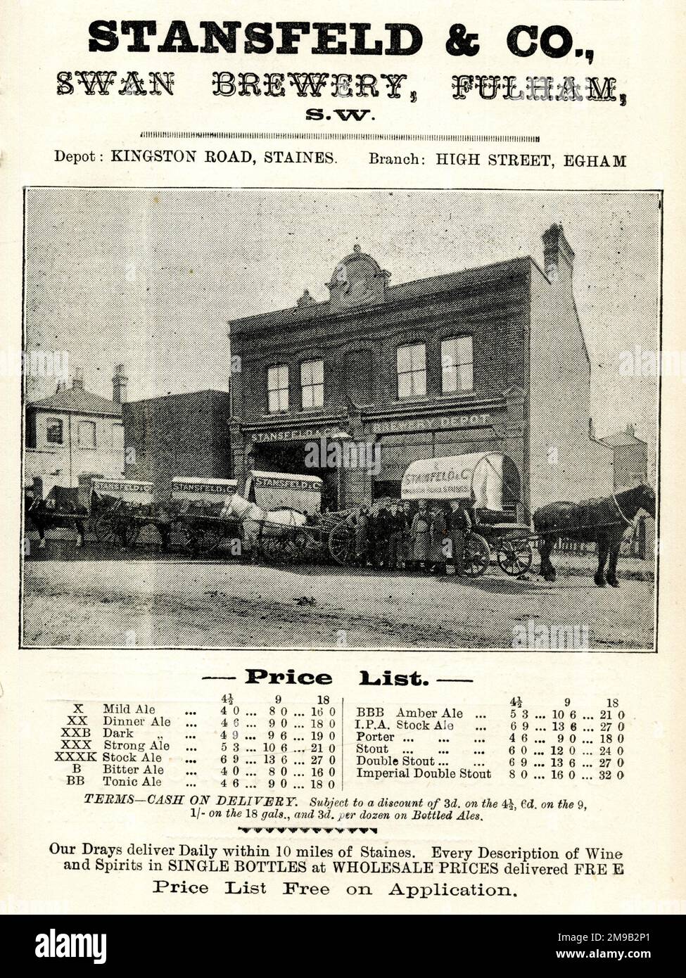 Advert for Stansfeld & Co, Swan Brewery, Fulham, SW London, with price list. Stock Photo