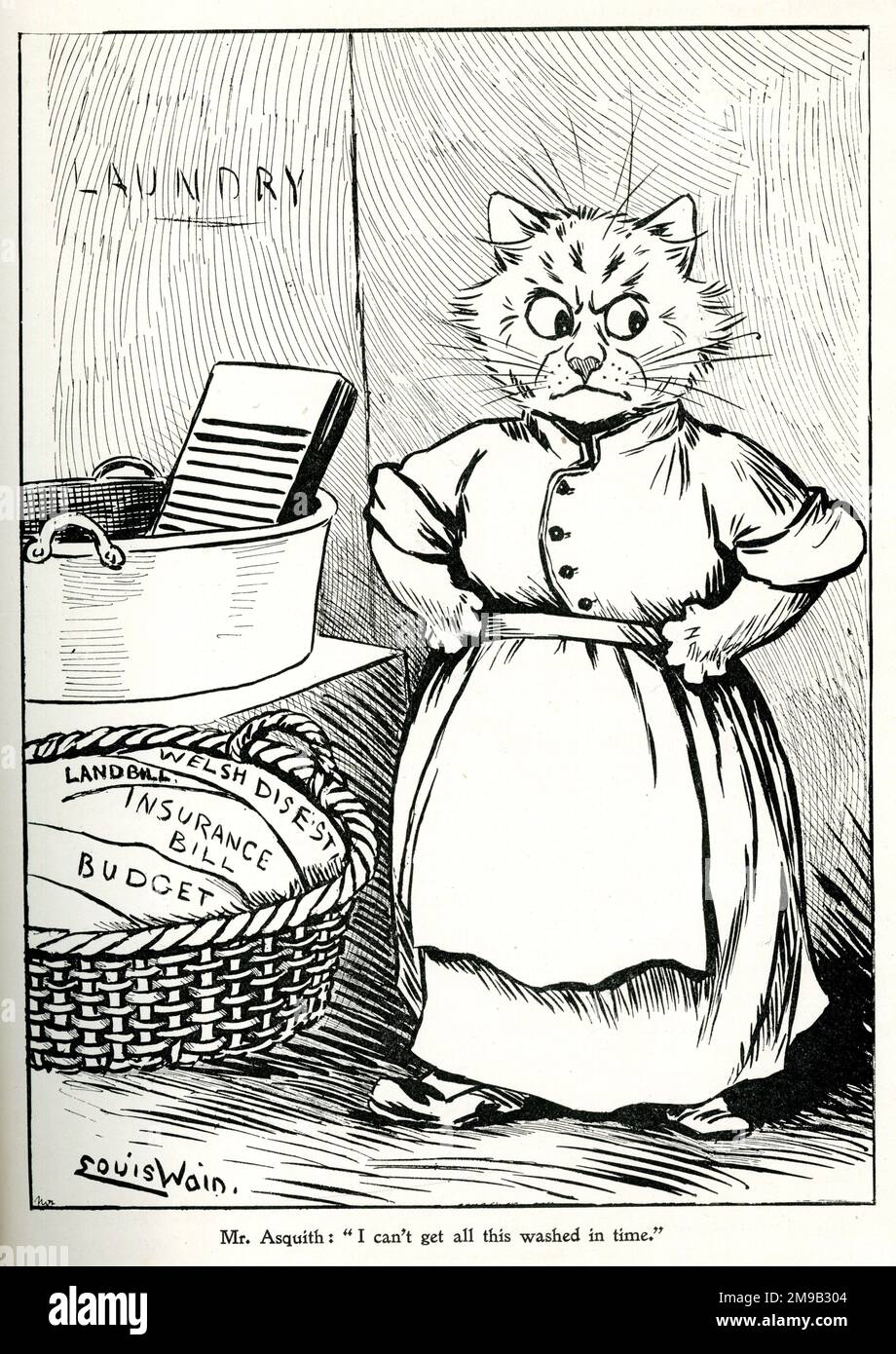 Political cartoon, Liberal Prime Minister Asquith, I can't get all this washed in time - cat washerwoman attempting to cope with Parliamentary Bills in the form of laundry, by Louis Wain Stock Photo