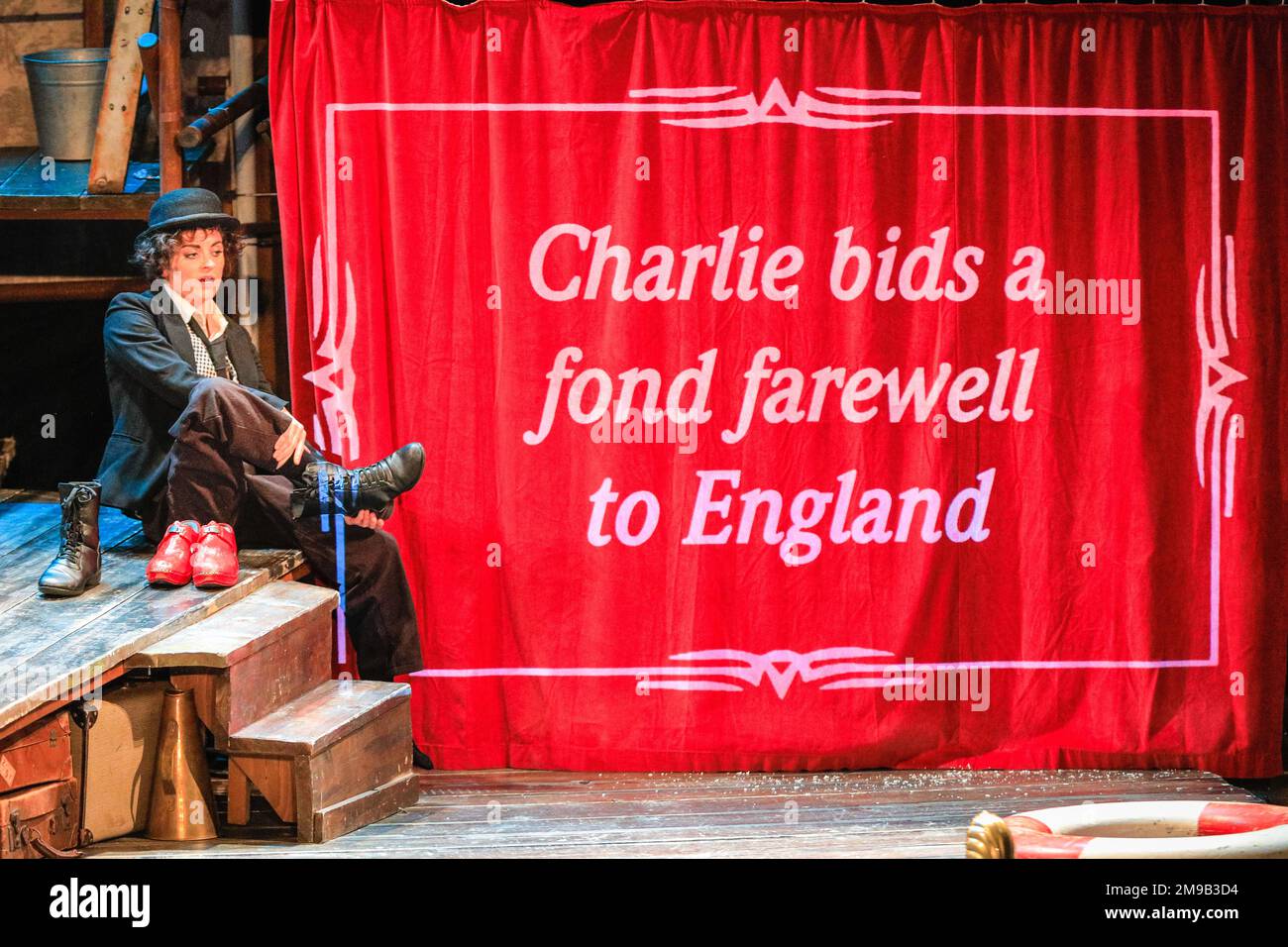 London, UK. 17th Jan, 2023. Danielle Bird (Charlie Chaplin). A scene from Charlie and Stan at Wilton's Music Hall. Charlie and Stan opens as part of the 47th instalment of London International Mime Festival (LIMF) and brings together physical theatre performers in a celebration of slapstick by much loved theatre company Told by an Idiot. Credit: Imageplotter/Alamy Live News Stock Photo