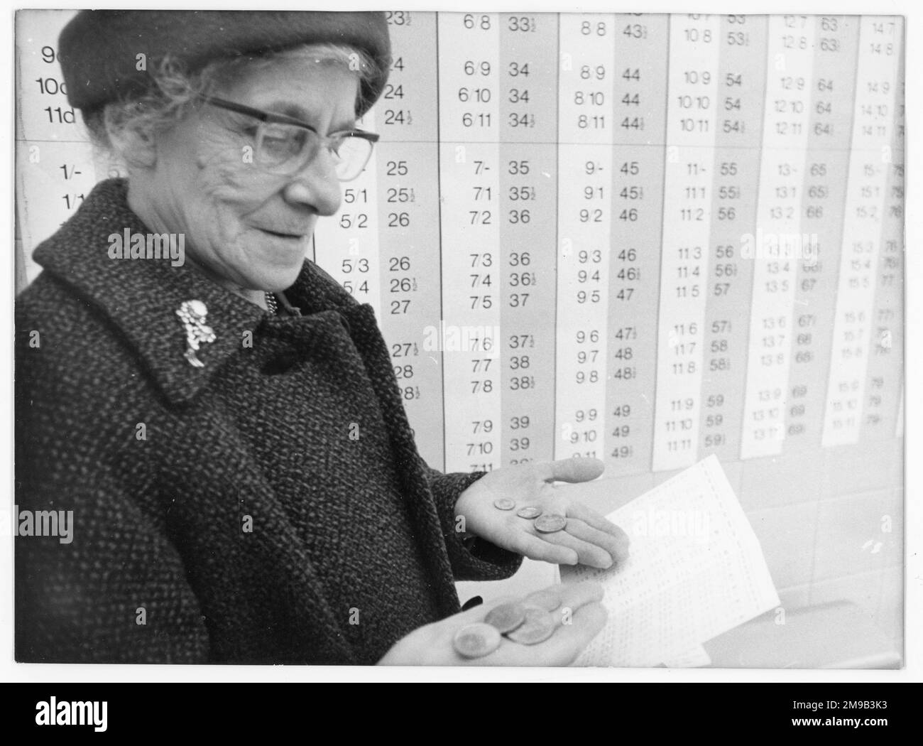 Slightly bewildered Croydon lady, getting to grips with Britain's new decimal currency in April 1970, in the first all- Decimal shop in West Croydon. The shop became part of a familiarisation scheme in a prelude to D-Day on 15 February 1971. Stock Photo