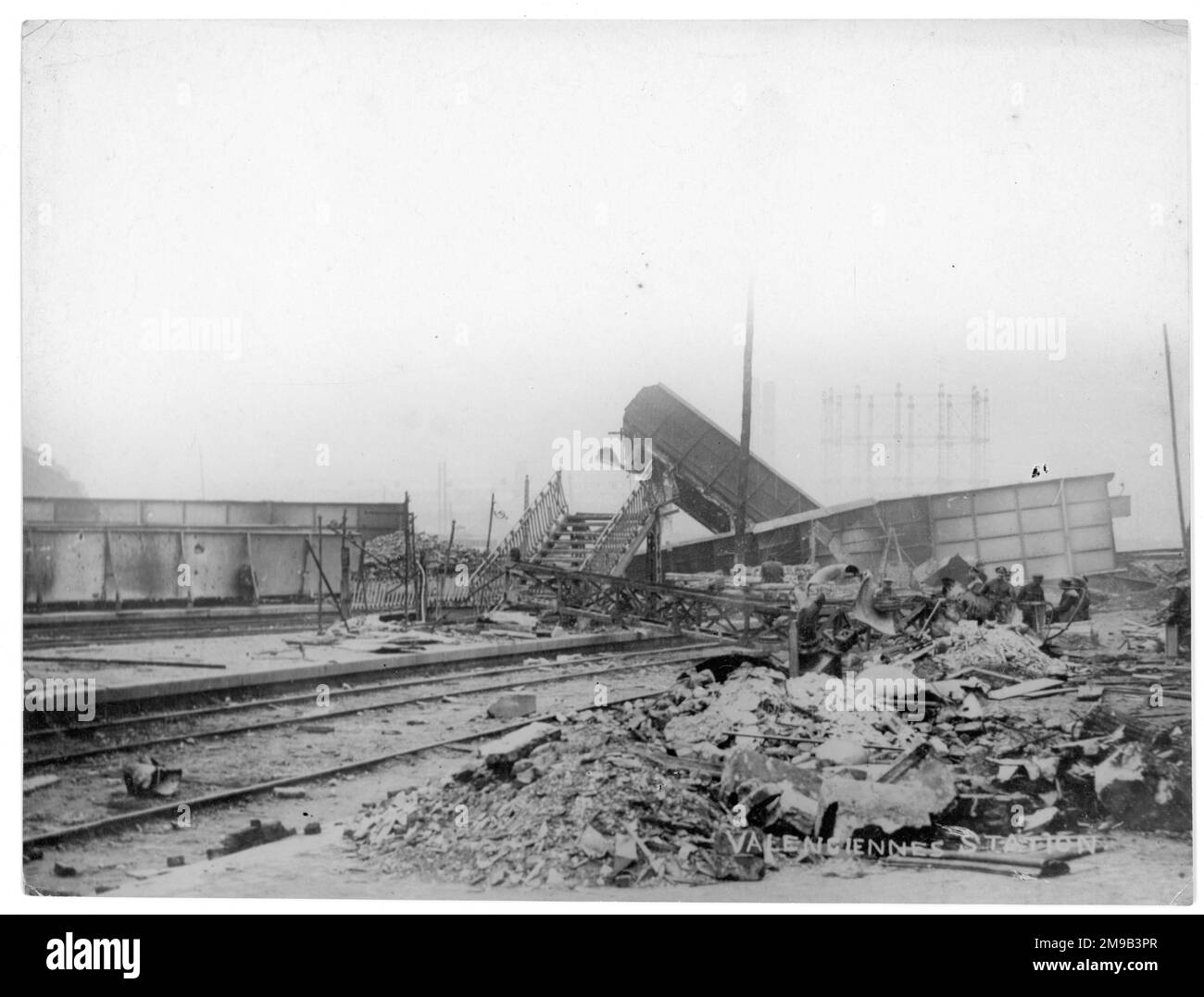 A view of bomb-damaged Valenciennes Station during World War One. Stock Photo