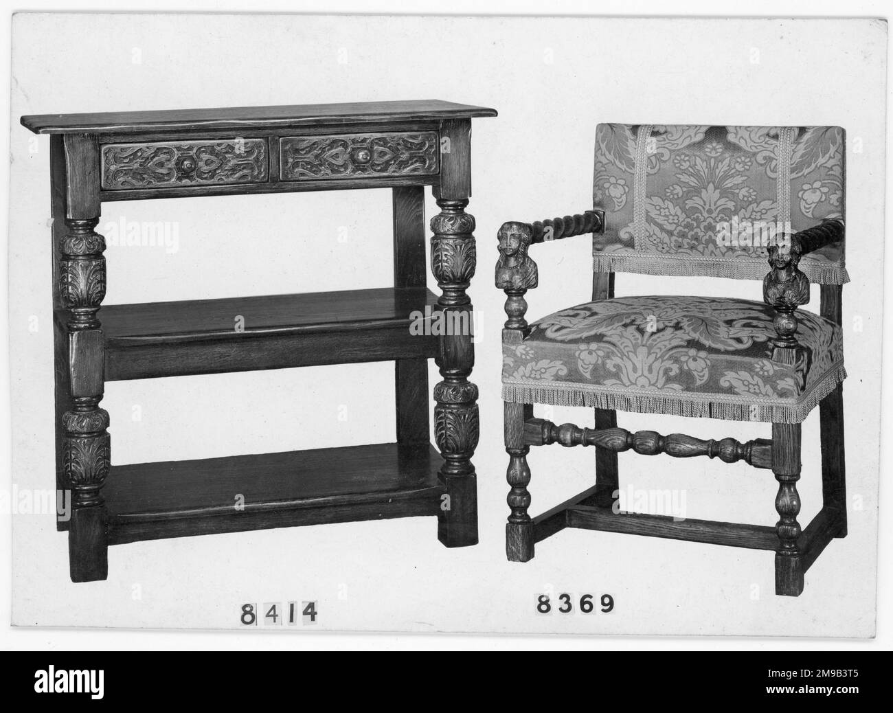 Table and chair from a furniture showroom catalogue, numbered as number 8414 and number 8369, respectively. Stock Photo