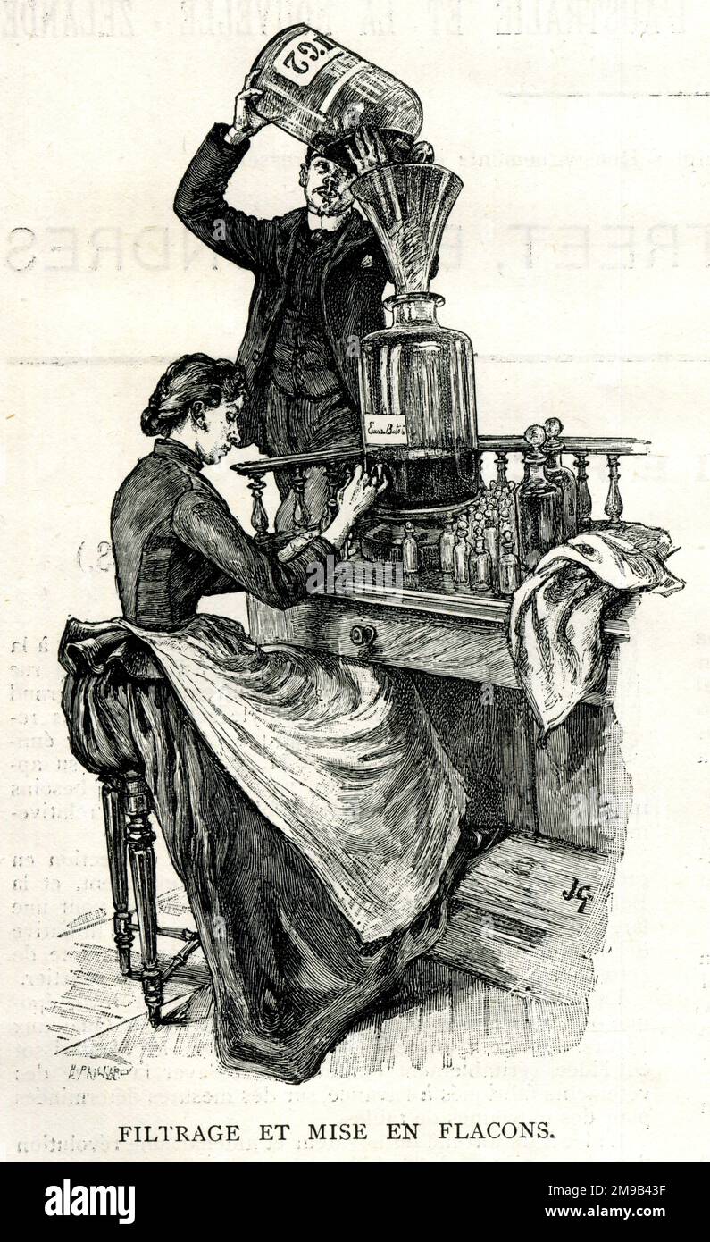 Filtering and bottling Botot water, sold at the Universal Exhibition of Paris 1889 Stock Photo