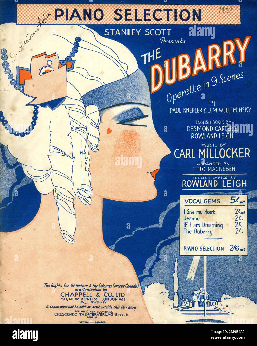 Music cover, Piano Selection, Stanley Scott presents The Dubarry, Operette in 9 Scenes, by Paul Knepler and J M Welleminsky, English book by Desmond Carter and Rowland Leigh, music by Carl Millocker, arranged by Theo Mackeben. Stock Photo