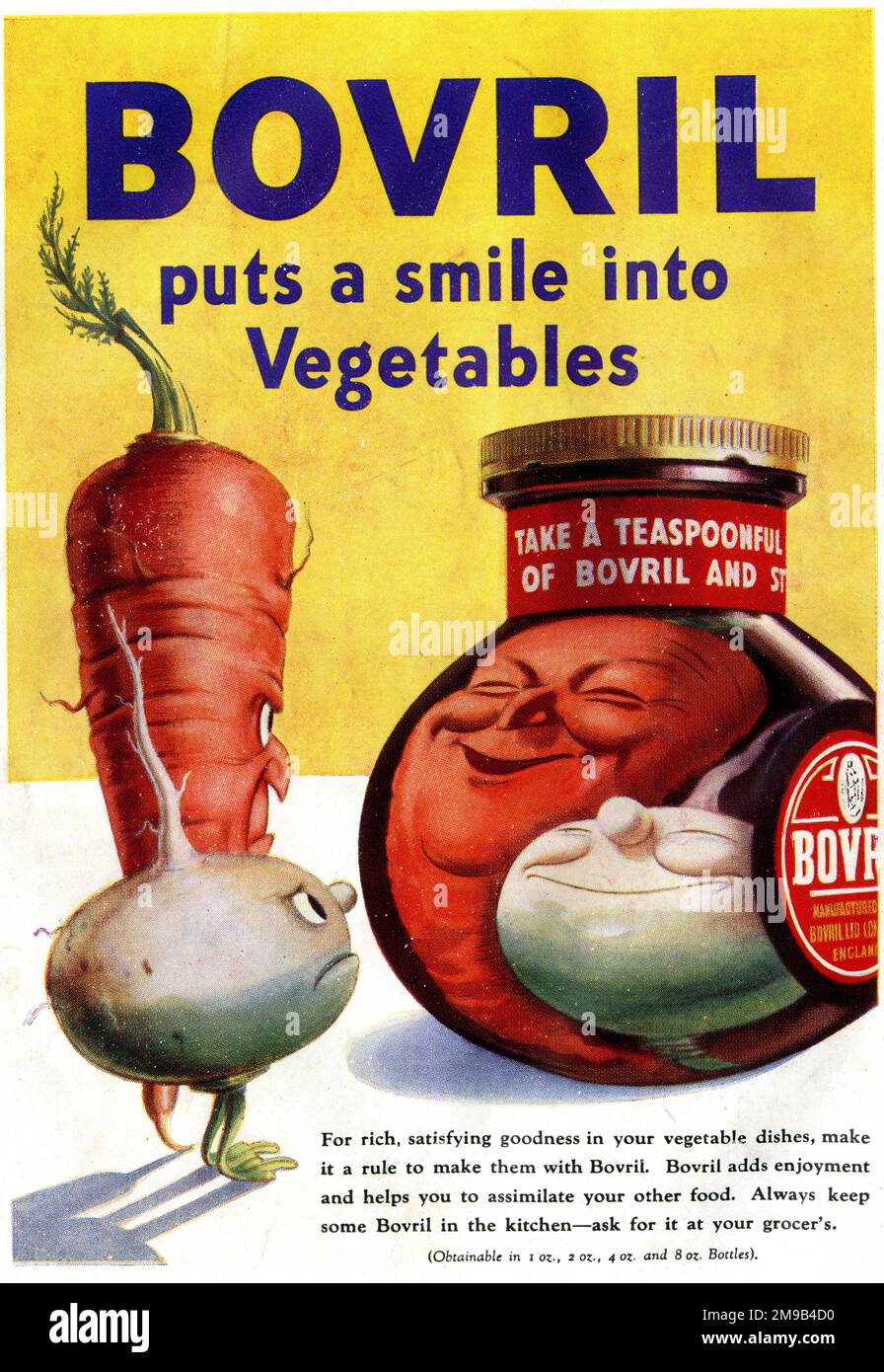 Advert for Bovril - puts a smile into vegetables, WW2 Stock Photo