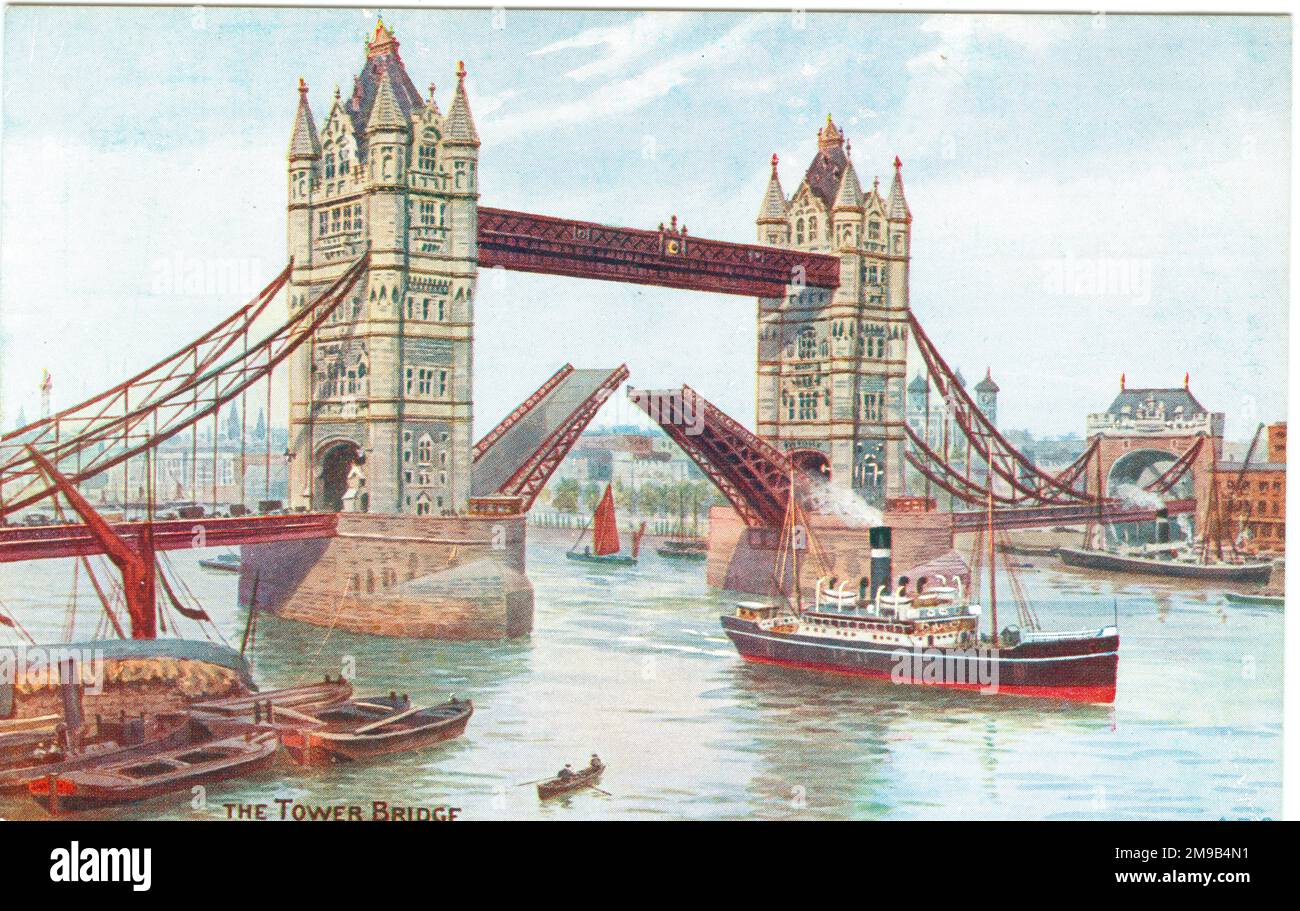 A raised Tower Bridge seen from the southern side of the river towards the Tower of London. The bridge is a combined bascule and suspension bridge, built between 1886 and 1894. The engineer for the project was Sir John Wolfe Barry with Sir Horace Jones as the architect. Stock Photo