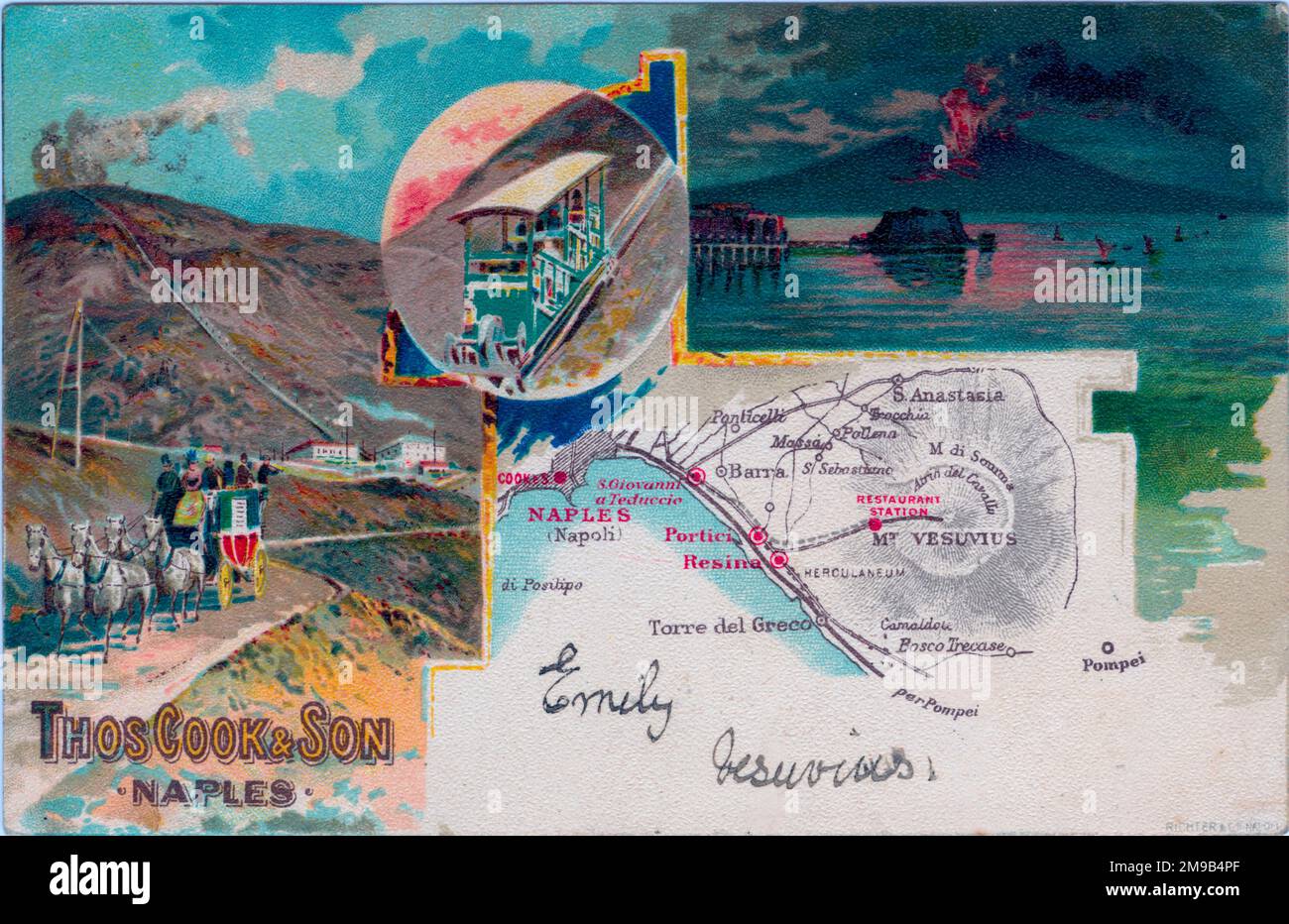 Cook had the Funicular built for their growing tours. Travellers rushed to the kiosk at the top to buy and then post right there a postcard. This card was posted at the top and shows the Funicular, the volcano, a horse drawn omnibus and a map of the summit. Stock Photo