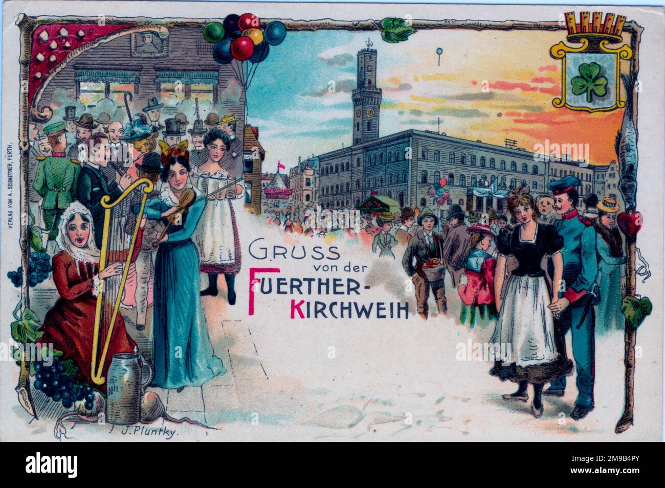 The card shows revellers in a crowd in festive costumes - soldiers, musicians and serving maids etc.It is from Fuerther-Kirchweih which is famous for its festivals. Stock Photo
