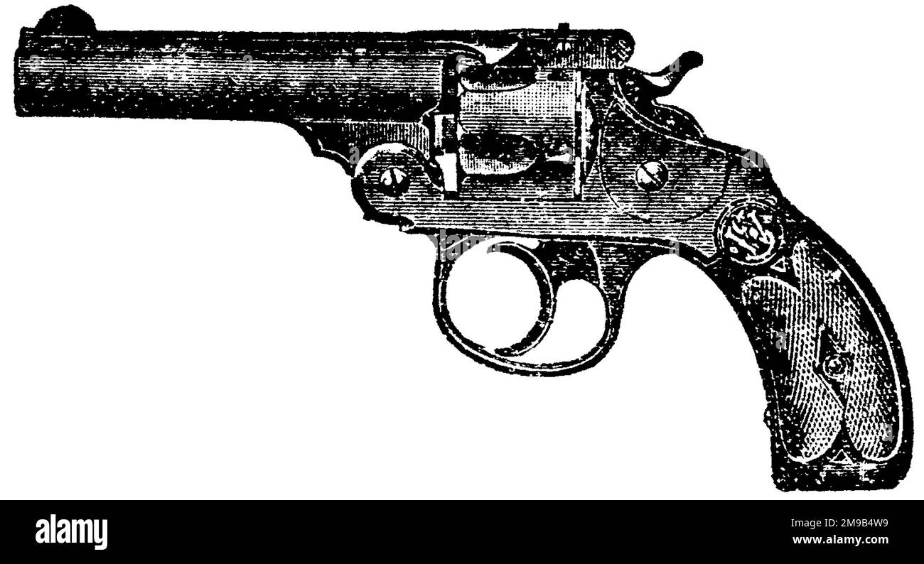 Smith and Wesson Revolver, Vintage Engraving, Double Action Revolver. An old vintage engraving of a smith and wesson double action revolver. Stock Photo