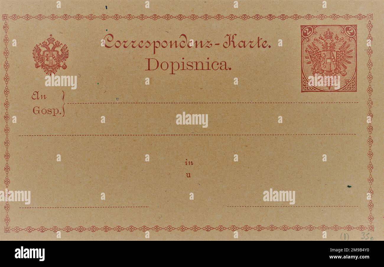 The card is entitled 'Correspondez-Karte and the countries are identified as Dopisnica. It has light brown printing on dark buff board with a printed 2.25 Nov stamp. Stock Photo