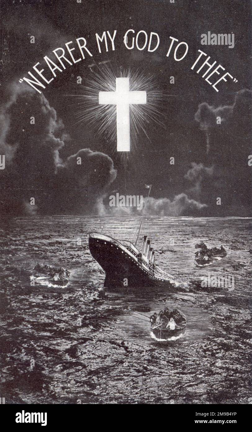 The dramatic image of the sinking ship surrounded by lifeboats is entitled 'NEARER MY GOD TO THEE' - a reference to the tune that the ship's band was often said to have played as the vessel sank. Stock Photo