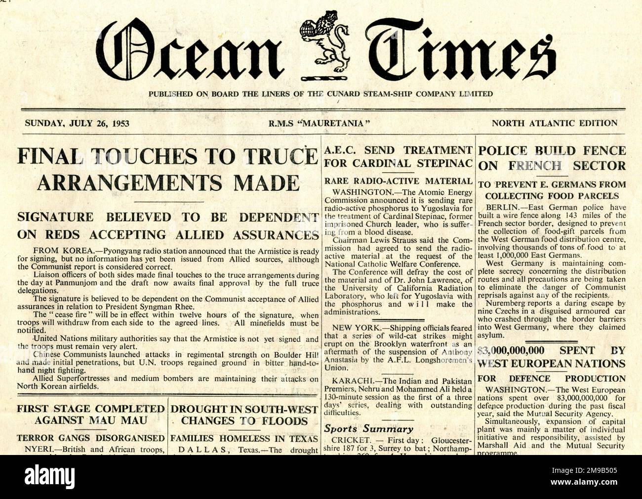 Front page of Cunard Steam Ship Company's 'Ocean Times' newspaper, 26 July 1953, RMS Mauretania, North Atlantic edition Stock Photo