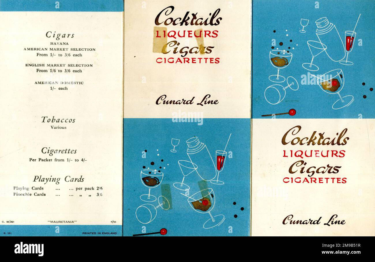 Price list, drinks and tobacco on board Cunard liner RMS Mauretania