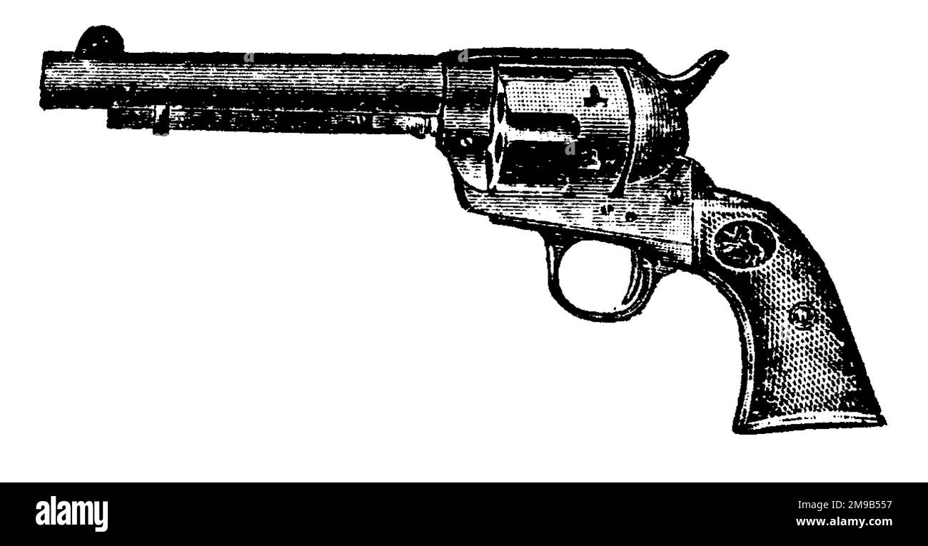 45-Caliber Single Action Colt Revolver, Vintage Engraving. Old engraved illustration of a Colt Revolver isolated on a white background. Stock Photo