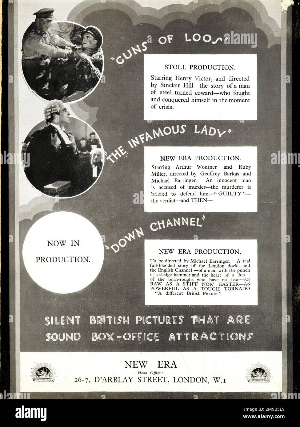 Three silent British films, New Era, D'Arblay Street, London - Guns of Loos, The Infamous Lady, Down Channel   (2 of 2) Stock Photo