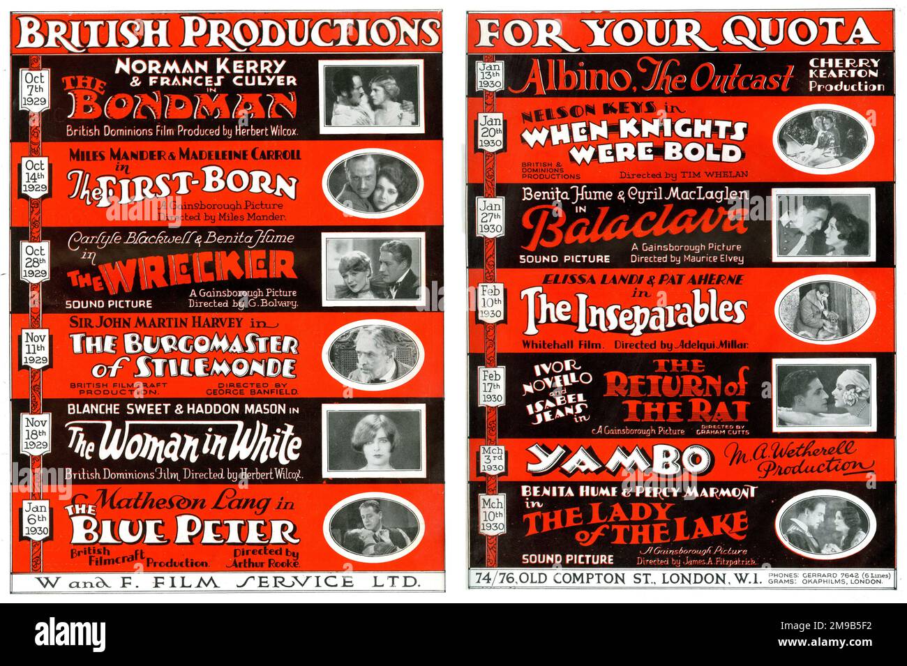 British Productions films 1929 and 1930 - The Bondman, The First-Born, The Wrecker, The Burgomaster of Stilemonde, The Woman in White, The Blue Peter, Albino the Outcast, When Knights Were Bold, Balaclava, The Inseparables, The Return of the Rat, Yambo, and The Lady of th Lake. Stock Photo