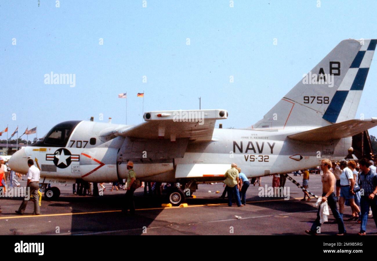 United States Navy (USN) - Lockheed S-3A Viking 159758 (msn 394A-1087, base code 'AB', call-sign '707'), of VS-32, embarked on USS John F. Kennedy, at Ramstein Air Base on 30 July 1978. Stock Photo