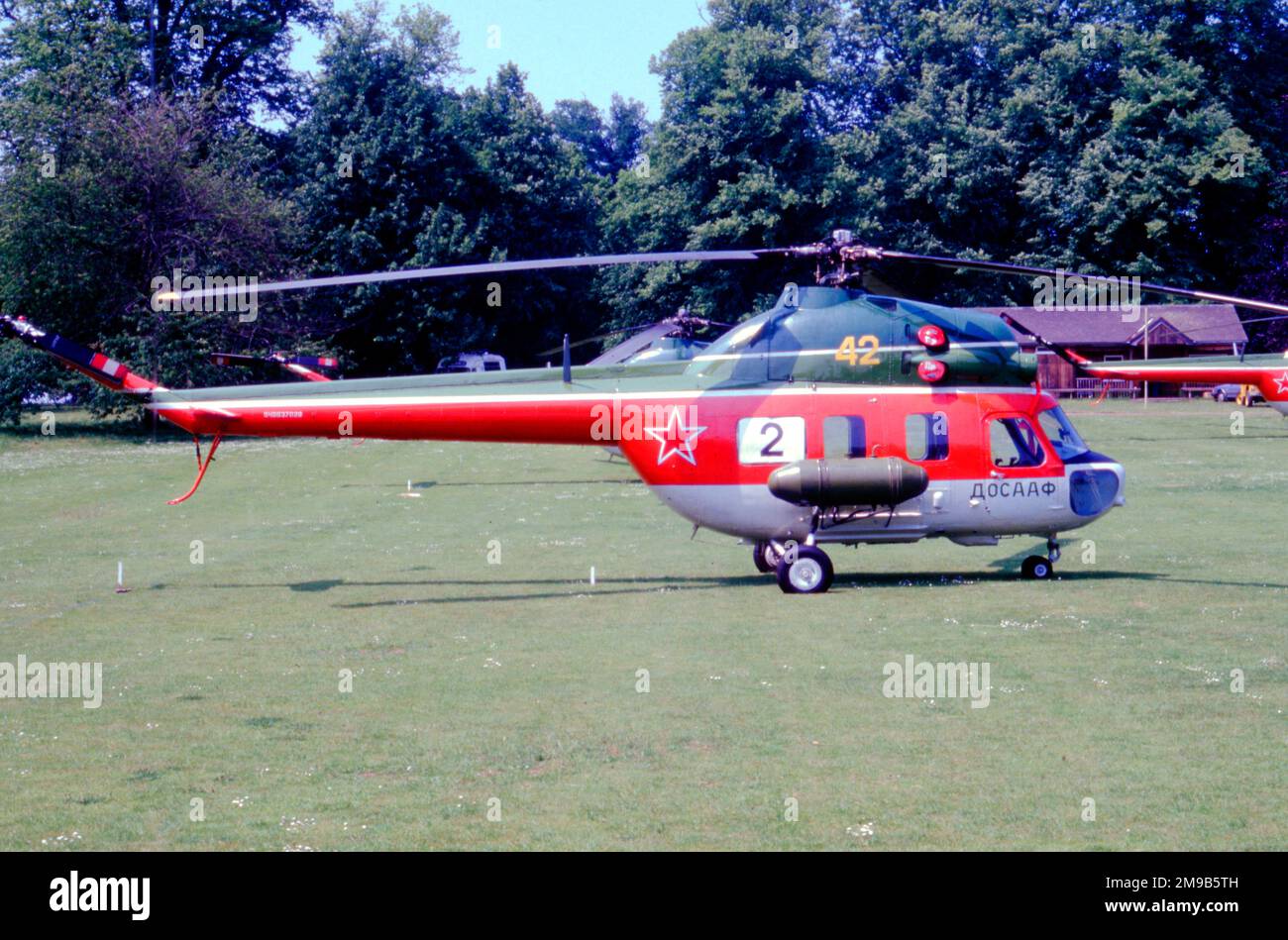 Russian Air Force - Mil Mi-2 'Yellow 42' (msn), at Castle Ashby for the 5th World Helicopter Championships, on 26 June 1986, with competition number '2'. Stock Photo