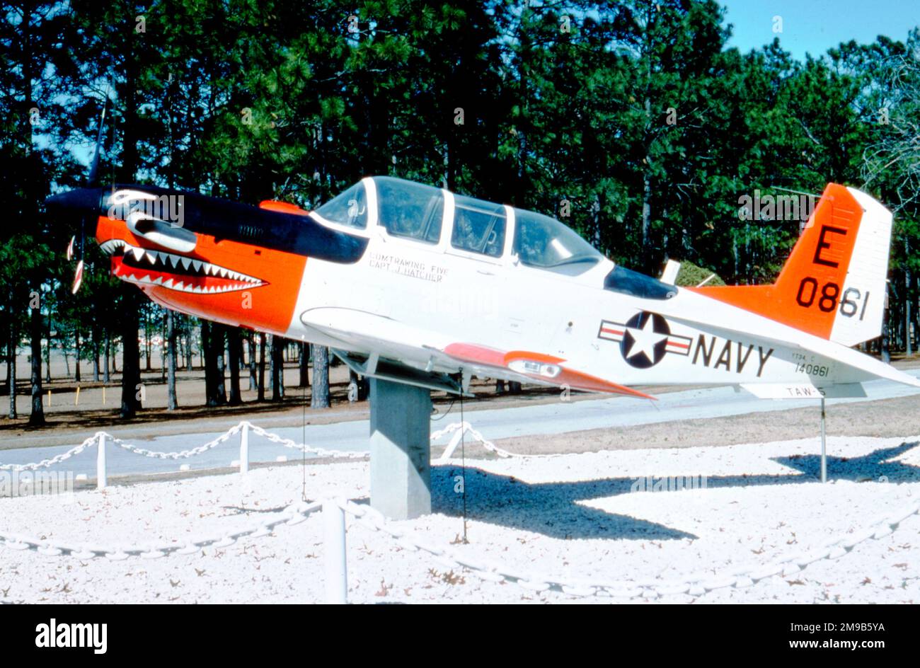 Beechcraft YT-34C Turbo-Mentor 140861 (msn BG-195), one of two T-34B Mentors modified as prototype of the turbo-prop powered Turbo-Mentor. Seen on display preservation park at NAS Whiting Field, FL. Stock Photo