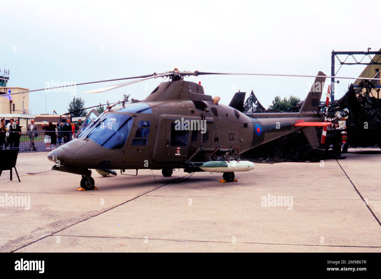 Army Air Corps - Agusta A.109A AE-331 (msn 7138, call-sign 'CC'), at Middle Wallop. This helicopter was captured on the 14th June 1982 at Stanley Racecourse in an airworthy condition. Flown onto HMS Fearless for transport to the UK, it was given the UK serial ZE411 and flew with 8 Flight Army Air Corps at AAC Netheravon. Stock Photo