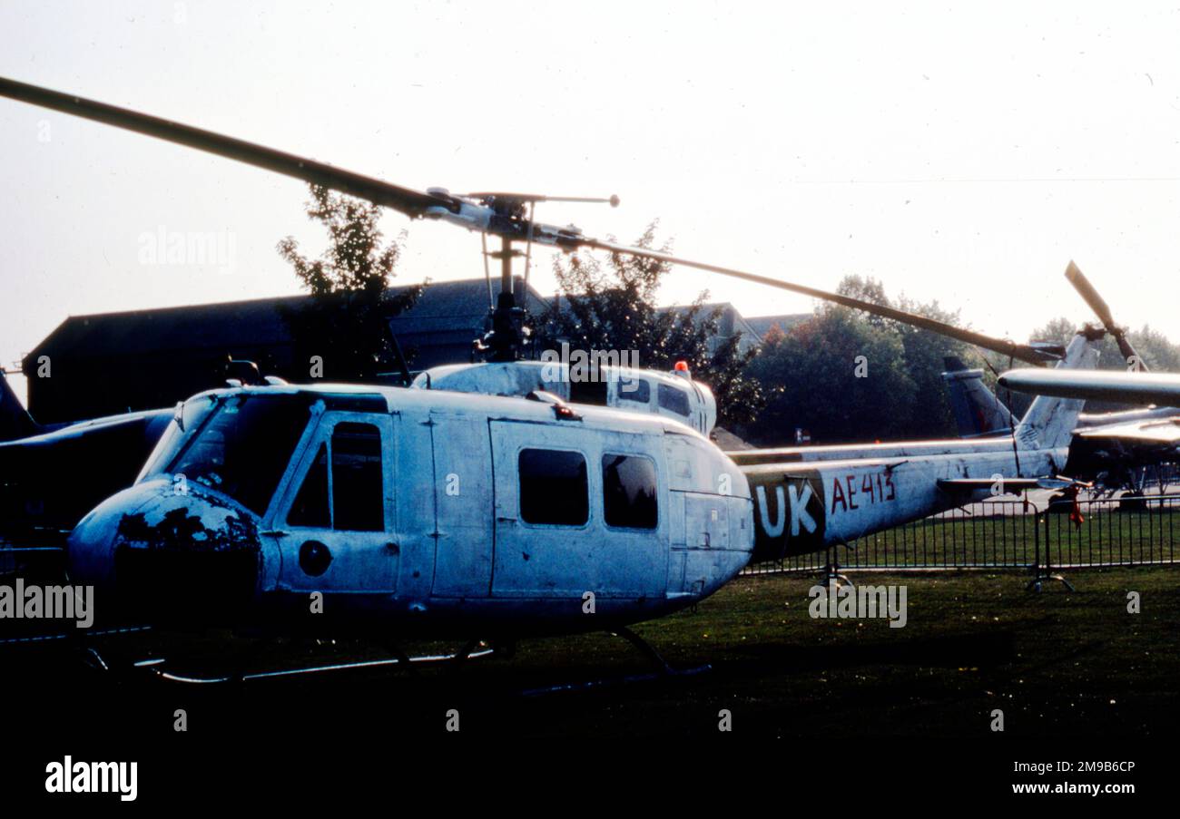 Bell UH-1H iroquois AE-413 (msn 13560, ex 73-22077, later G-HUEY). A Fuerza Aerea Argentina (Argentine Air Force) helicopter captured at Stanley and repatriated to the UK, where it was returned to airworthy condition and registered as G-HUEY. Stock Photo