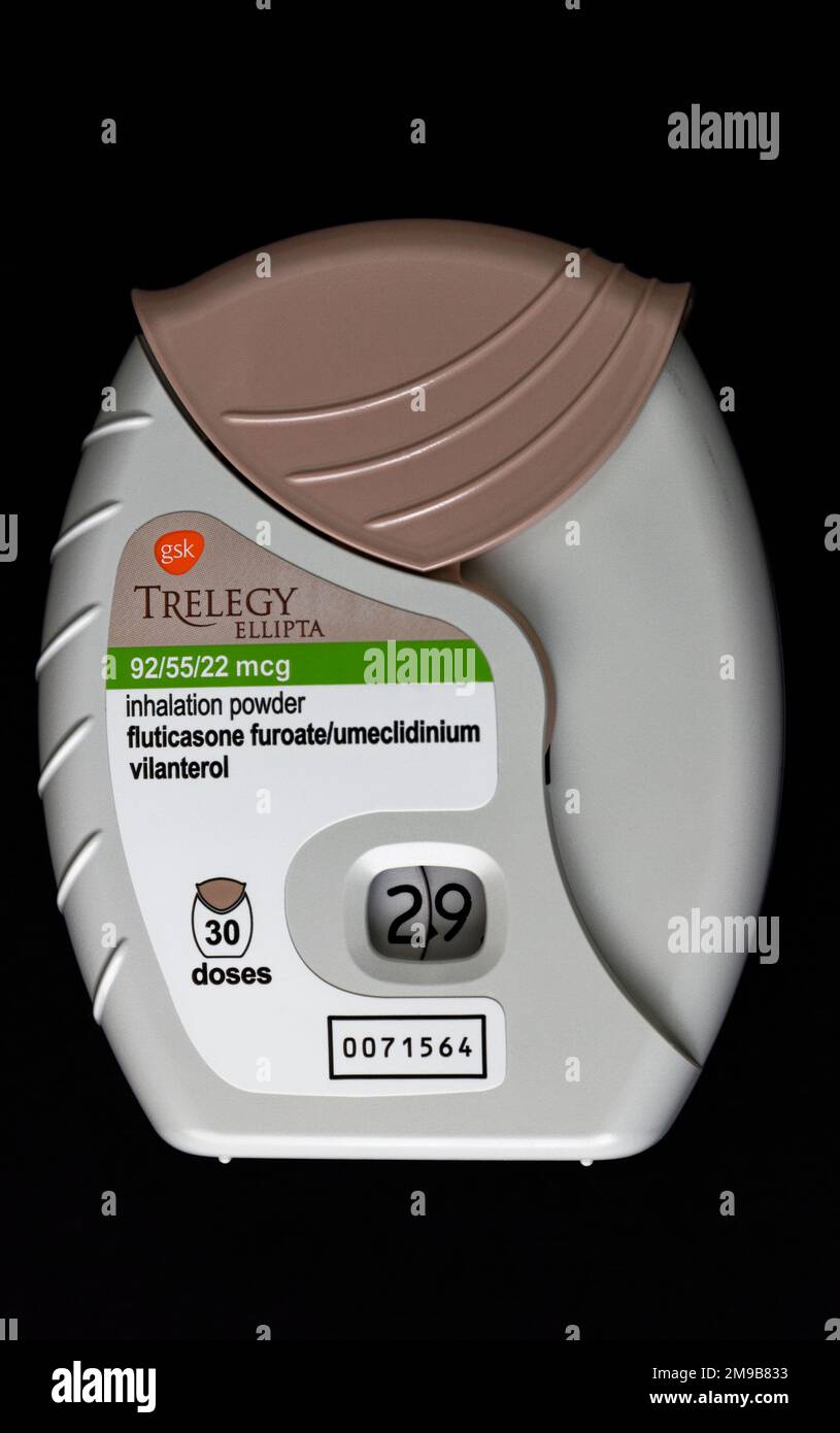 Trelegy ellipt with fluticasone furoate/umeclididinium/vilanterol for inhalation. Asthma and copd treatment. Stock Photo