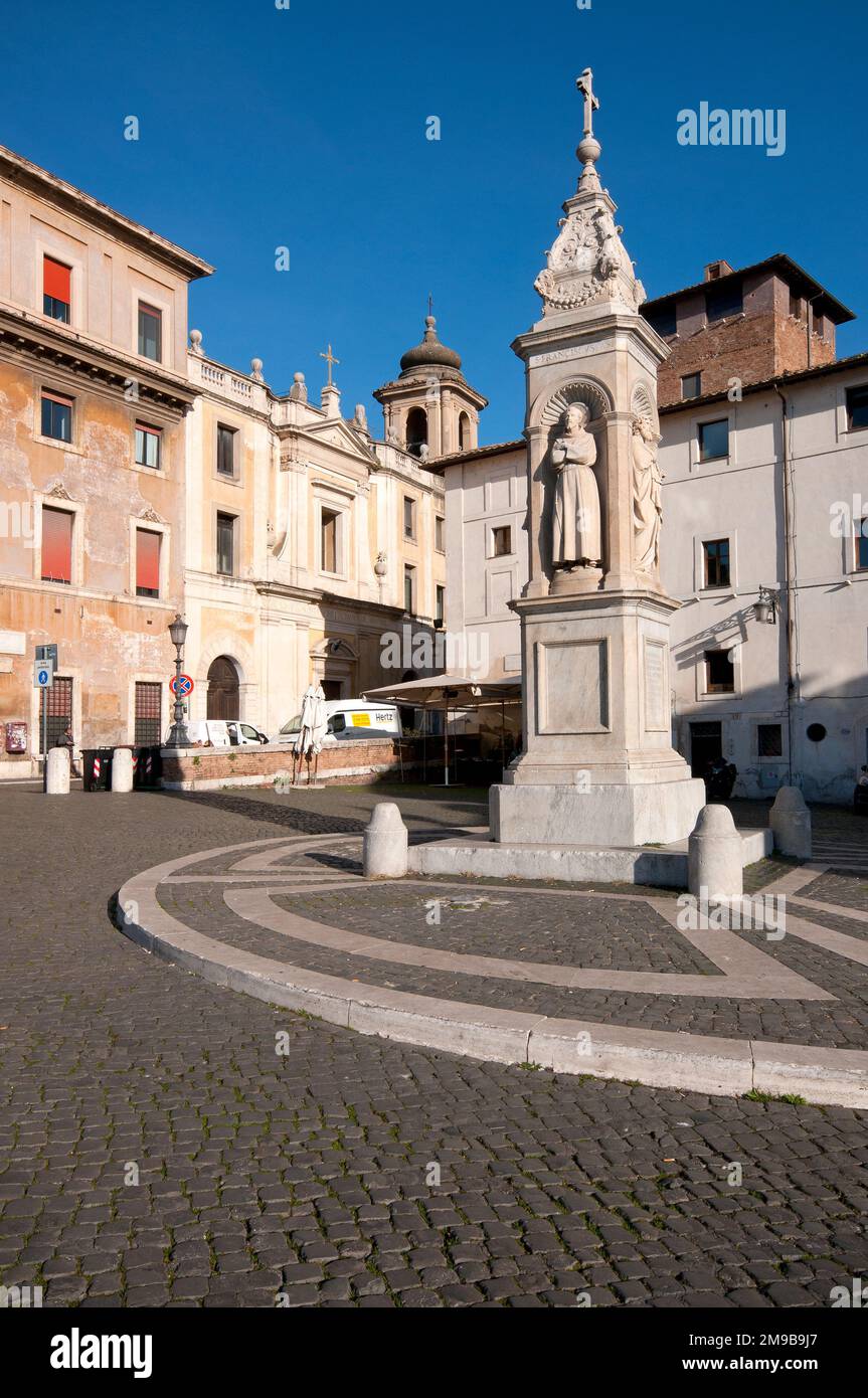 Piazza San Bartolomeo with marble monument (by Ignazio Giacometti in 1869), Tiber Island, Rome, Italy Stock Photo