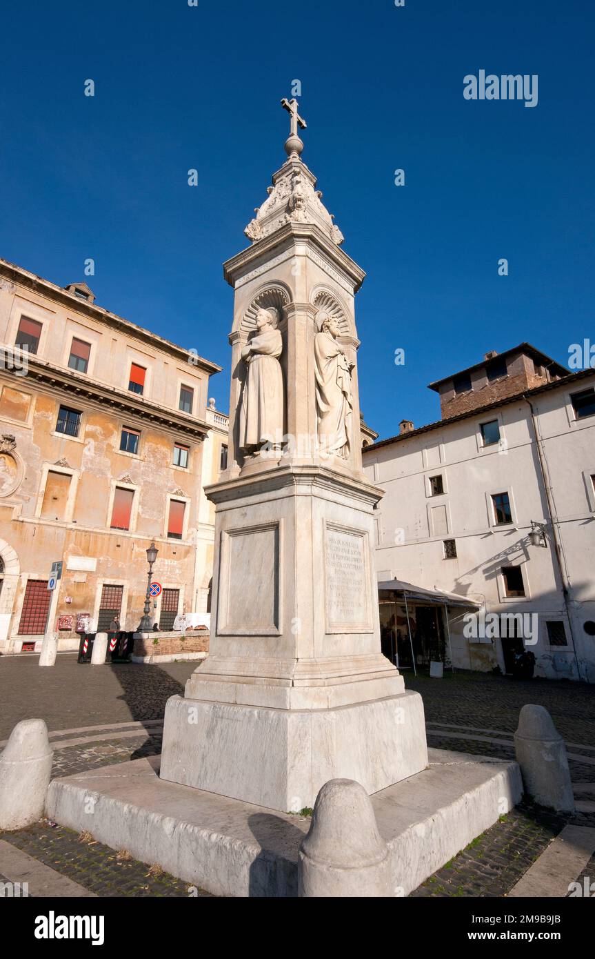 Marble monument (by Ignazio Giacometti in 1869) in Piazza San Bartolomeo, Tiber Island, Rome, Italy Stock Photo