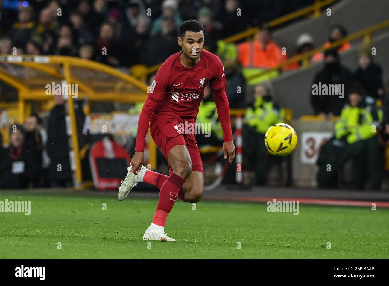 Cody Gakpo #18 of Liverpool breaks with the ball during the Emirates FA Cup Third Round Replay match Wolverhampton Wanderers vs Liverpool at Molineux, Wolverhampton, United Kingdom, 17th January 2023  (Photo by Craig Thomas/News Images) Stock Photo