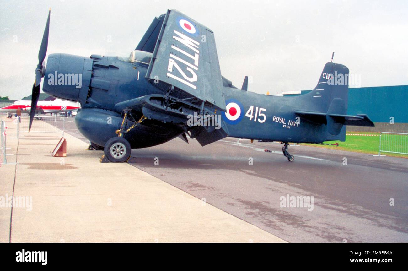 Douglas Skyraider AEW.1 WT983 (msn 7427), from the FAA Museum collection, mis-painted as WT121, which is a Canberra, at the Yeovilton International Air Day on 12 July 1996. () Stock Photo