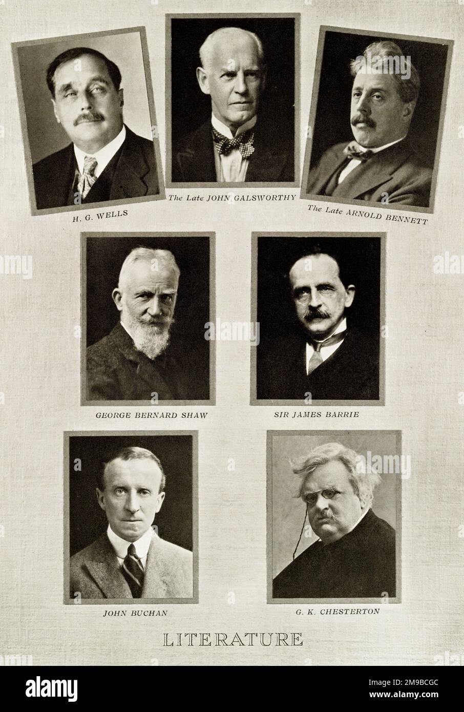 Leading authors and playwrights during the first 25 years of the reign of King George V: Wells, Galsworthy, Bennett, Shaw, Barrie, Buchan, Chesterton. Stock Photo