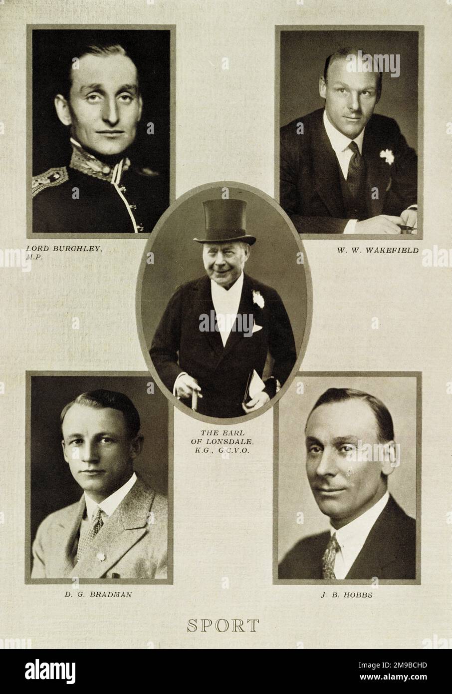 Sporting leaders during the first 25 years of the reign of King George V: Lord Burghley,  Wakefield, Earl of Lonsdale, Bradman, Hobbs. Stock Photo