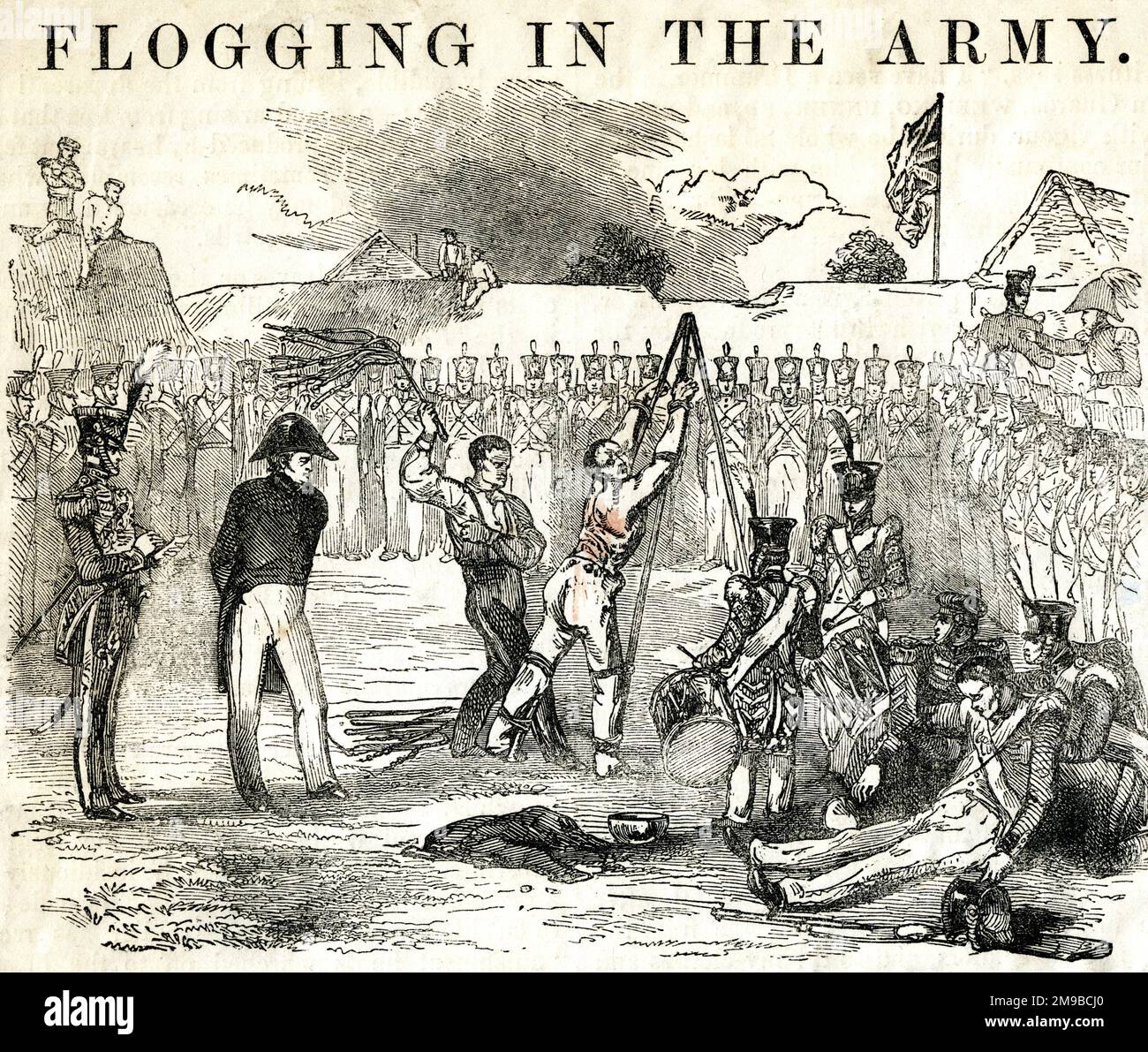 Flogging of troops by the British Army in India - scene at the Spur Battery, Chatham Lines, where the regiment and sometimes the whole garrison is drawn up in the form of a square, to witness the prisoner, stripped to the waist and pinioned to the triangle, being lashed with a cat of nine tails by several drummers in succession. The drum major on the left has the job of counting the number of lashes. A soldier on the right has fainted at the sight. Stock Photo