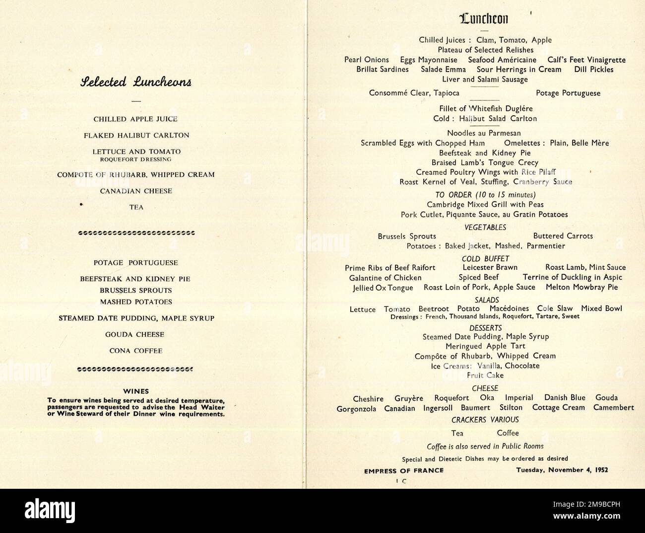 Menu for RMS Empress of France, Canadian Pacific line, 4 November 1952 Stock Photo