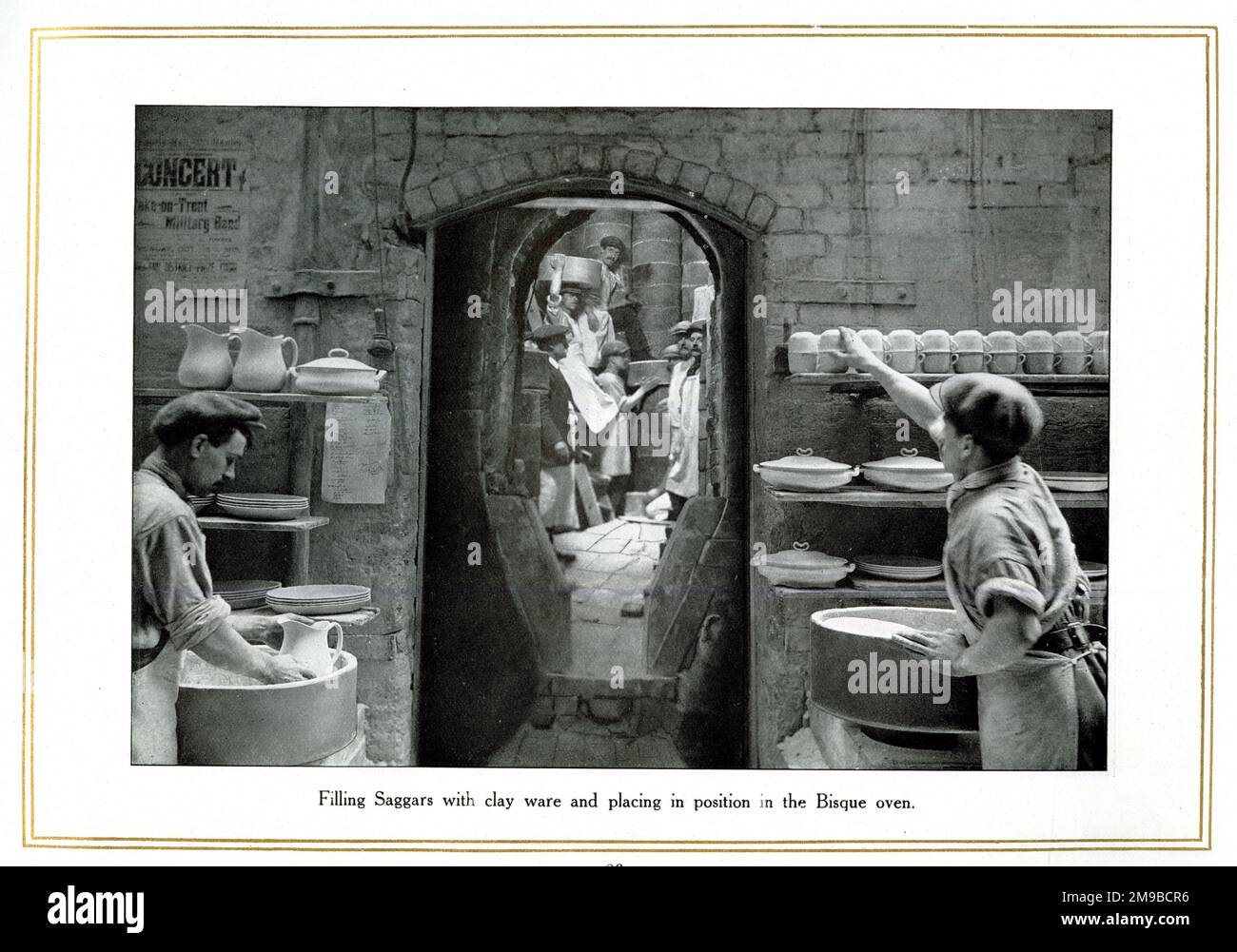 Filling saggers with clay ware and placing in position in the Bisque