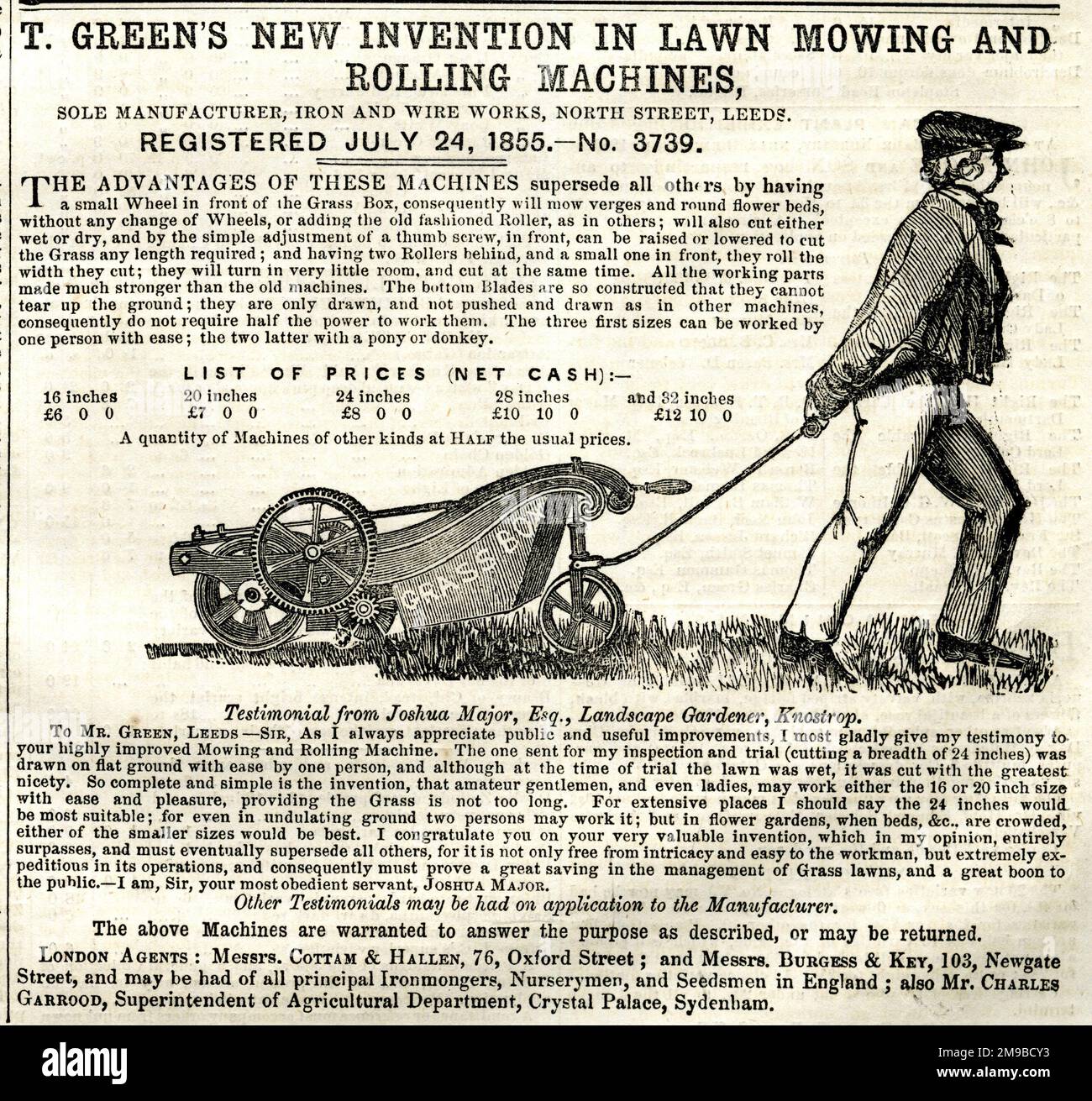 Advert, T Green's New Invention in Lawn Mowing and Rolling Machines Stock Photo